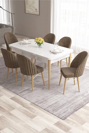 Ves Serisi 80x132 Mdf Siyah Mermer Desenli Masa 6 Krem Sandalye Mutfak Masası Takımı