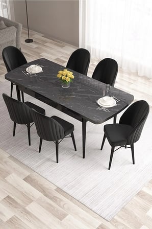Ves Serisi 80x132 Mdf Açılabilir Siyah Mermer Desen Yemek Masası 6 Adet Siyah Sandalye