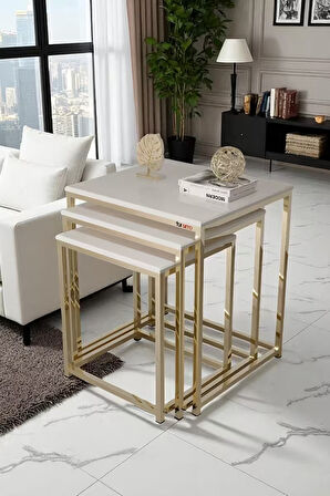 Vetro 3’lü Zigon Sehpa – Modern Metal Krom ve Parlak Siyah Mdf Yüzey