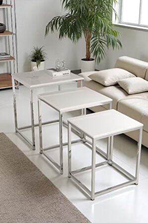 Vetro 3’lü Zigon Sehpa – Modern Metal Krom ve Parlak Siyah Mdf Yüzey