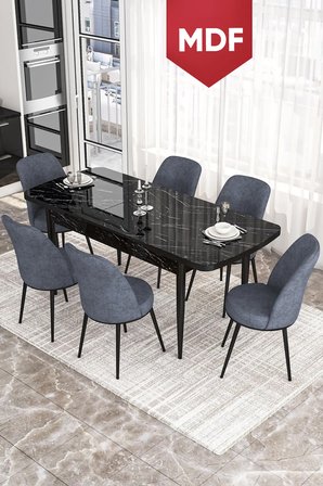 Via Serisi 80x132 MDF Açılabilir Mutfak Masası Takımı Siyah Mermer Desen Masa 6 Füme Sandalye