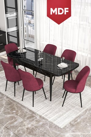 Via Serisi, Siyah Mermer Desen MDF 80x132 Açılabilir Mutfak Masa Takımı, 6 Sandalye