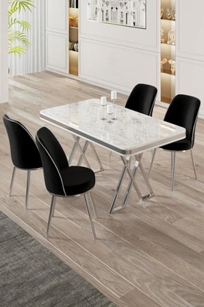 Vals Serisi 80x130 Lak Panel Beyaz Mermer Desen Masa Takımı Krom Ayaklı 4 Siyah Sandalye