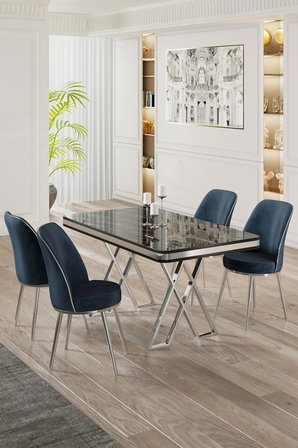 Vals Serisi 80x130 Lak Panel Siyah Mermer Desen Masa Takımı Krom Ayaklı 4 Antrasit Sandalye