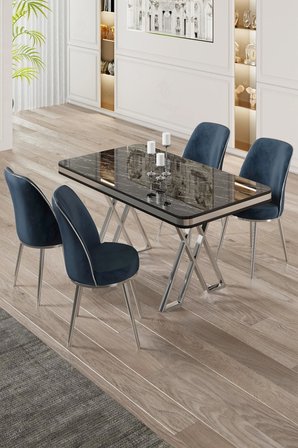 Vals Serisi 80x130 Lak Panel Siyah Mermer Desen Masa Takımı Krom Ayaklı 4 Antrasit Sandalye