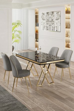 Vals Serisi 80x130 Lak Panel Siyah Mermer Desen Masa Takımı Gold Ayaklı 4 Gri Sandalye