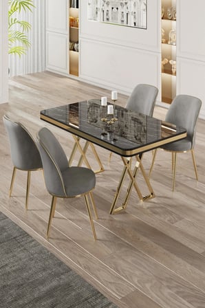 Vals Serisi 80x130 Lak Panel Siyah Mermer Desen Masa Takımı Gold Ayaklı 4 Gri Sandalye