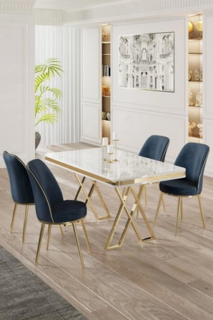Vals Serisi 80x130 Lak Panel Beyaz Mermer Desen Masa Takımı Gold Ayaklı 4 Antrasit Sandalye
