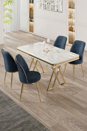 Vals Serisi 80x130 Lak Panel Beyaz Mermer Desen Masa Takımı Gold Ayaklı 4 Antrasit Sandalye