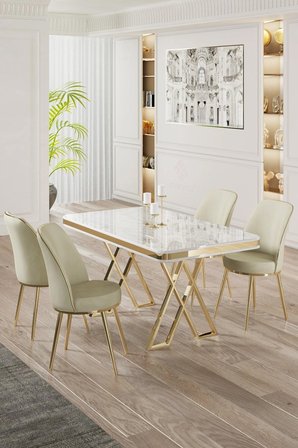 Vals Serisi 80x130 Lak Panel Beyaz Mermer Desen Masa Takımı Gold Ayaklı 4 Krem Sandalye