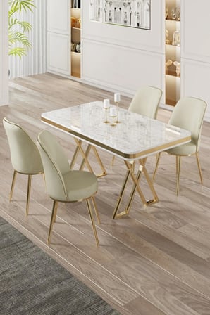 Vals Serisi 80x130 Lak Panel Beyaz Mermer Desen Masa Takımı Gold Ayaklı 4 Krem Sandalye