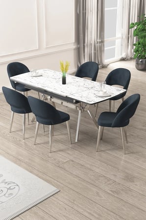 Weps Serisi 89x150 Açılabilir Lak Panel Beyaz Mermer Krom Ayak Masa Takımı ve 6 Antrasit Sandalye