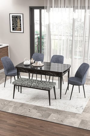 Zen Serisi 80x132 Mdf Açılabilir Siyah Mermer Desen Masa Takımı 4 Füme Sandalye Ve 1 Zebra Bench