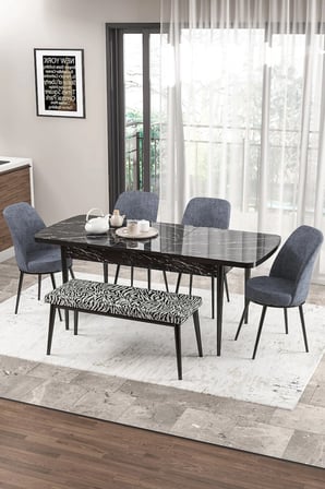 Zen Serisi 80x132 Mdf Açılabilir Siyah Mermer Desen Masa Takımı 4 Füme Sandalye Ve 1 Zebra Bench