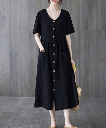Barbora Keten Günlük Rahat V Yaka Beli Büzgü Detaylı Düğmeli Elbise LN04siyah17