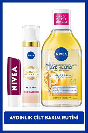 Nivea Luminous630 CC Yüz Kremi 40ml, Aydınlatıcı Micellar Makyaj Temizleme Suyu 400ml, Dudak Bakım Kremi