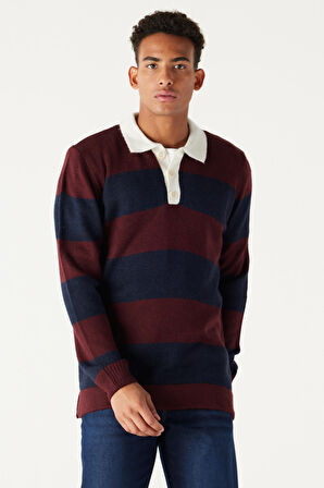 Erkek Bordo-lacivert Standart Fit Normal Kesim Polo Yaka Çizgili Triko Kazak