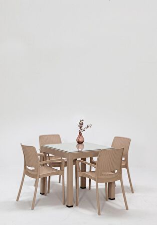 Rattan Small Lüx Camlı Cappucino Masa Takımı Bahçe&balkon 1 Camlı Masa + 4 Sandalye
