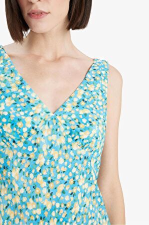 V Yaka Floral Maroken Kolsuz Mini Elbise