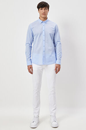 Slim Fit Dar Kesim Düğmeli Yaka %100 Pamuk Desenli Gömlek