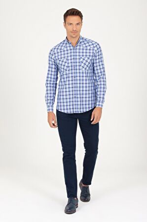 Slim Fit Lacivert Kareli Spor Gömlek | S