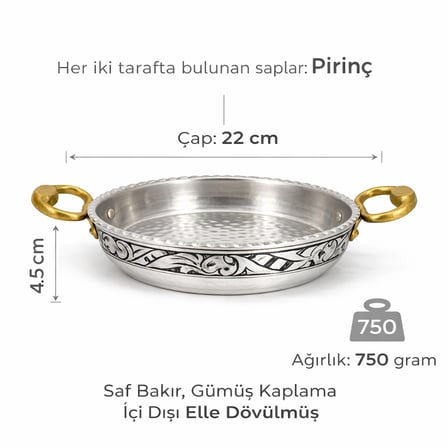 Copper Empire 22 cm Gümüş Kaplama Bakır Tava – Çift Kulplu İşlemeli Kalaylı Sunum ve Servis Tavası