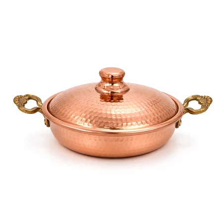 Copper Empire 22 cm Gümüş Kaplama Bakır Tava 4,5 cm Çift Kulplu İşlemeli Kalaylı Sunum ve Servis Tavası
