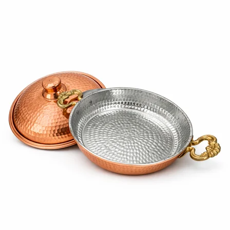 Copper Empire 22 cm Gümüş Kaplama Bakır Tava 4,5 cm Çift Kulplu İşlemeli Kalaylı Sunum ve Servis Tavası