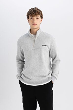 DeFacto Relax Fit Fermuarlı Dik Yaka Baskılı Kalın Sweatshirt D2165AX24AUGR93