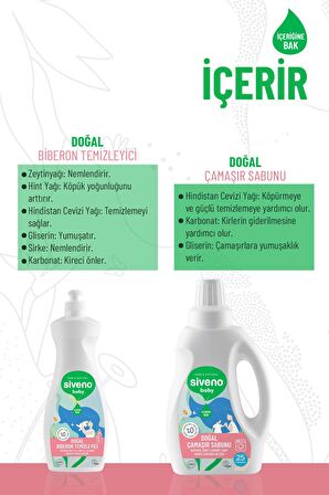 Siveno %100 Doğal Bebek Çamaşır Sabunu 750 ml & Biberon Emzik Temizleyici Elde Bulaşık Sabunu 500 ml Set