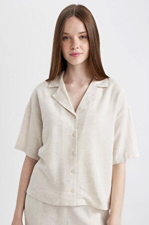DeFacto Oversize Geniş Kalıp Pijama Yaka Keten Karışımlı Kısa Kollu Gömlek U2927AZ24SMER234