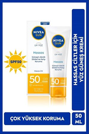 Nivea SUN Hassas Yüz Güneş Kremi 50ml, Hassas ve Alerjik Ciltler, SPF50 Yüksek Koruma, UVA UVB Koruması