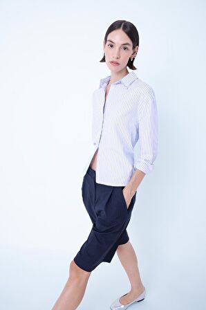 DeFacto Oversize Geniş Kalıp Çizgili Düğmeli Oxford Uzun Kollu Gömlek D4513AX24AUBE503