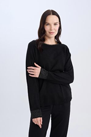 DeFacto Regular Fit Bisiklet Yaka Simli Reglan Kol Siyah Triko Kazak Tunik D1580AX24WNBK81