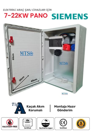 Siemens Elektrikli Araç Şarj Kutusu 22kW + 7.4kW IP66 Kilitlenebilir Pano