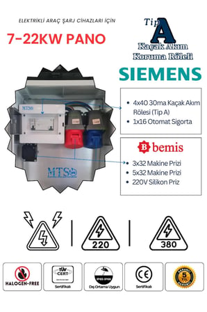 Siemens Elektrikli Araç Şarj Kutusu 22kW + 7.4kW IP66 Kilitlenebilir Pano