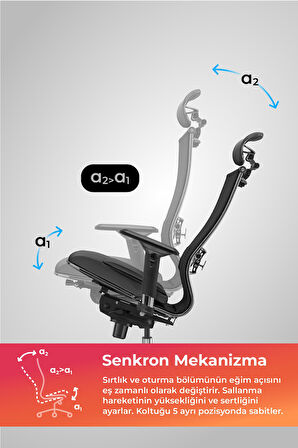 Samurai Ergonomik Koltuk | Bel Destekli, Tekerlekli, Yükseklik Ayarlı, Yönetici Koltuğu - 23.3.5.61 Gri