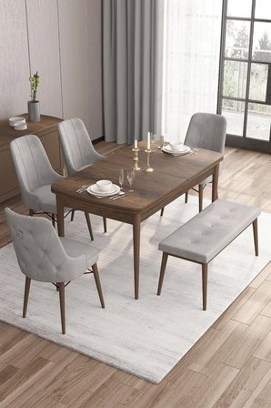 Are Serisi Barok Ahşap Desen Mdf 80x132 Yemek Masa Takımı 4 Gri Sandalye Gümüş Halka 1 Bench