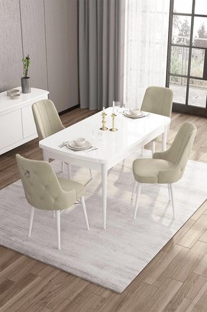 Are Serisi 80x132 Mdf Açılabilir Beyaz Masa Ve 4 Krem Sandalyeli Masa Takımı