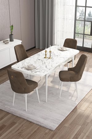 Are Serisi 80x132 Mdf Açılabilir Beyaz Mermer Desen Masa Ve 4 Kahverengi Sandalye