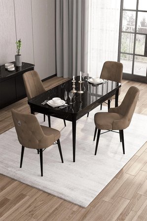 Are Serisi 80x132 Siyah Mermer Desen Gümüş Halkalı Masa Takımı Ve 4 Kahverengi Sandalye