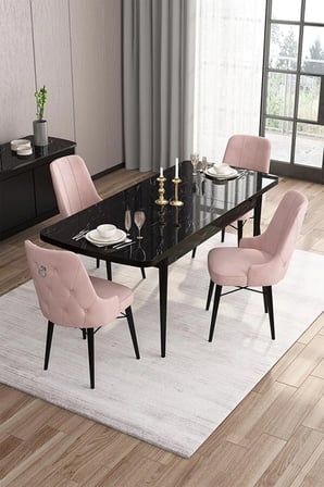 Are Serisi 80x132 Siyah Mermer Desen Gümüş Halkalı Masa Takımı Ve 4 Pembe Sandalye