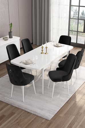 Are Serisi 80x132 Mdf Açılabilir Beyaz Masa Takımı Ve 6 Siyah Gümüş Detay Sandalye