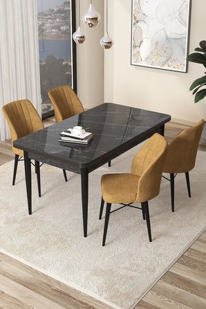 Arp Serisi 70x110 Sabit Mutfak Masası Takımı Siyah Mermer Desen Masa 4 Cappucino Sandalye