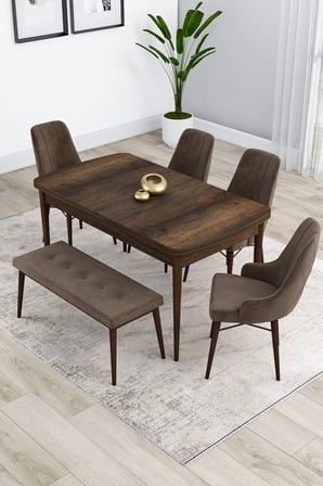 Kar Serisi Barok Ahşap Desen Masa 80x132 Açılabilir Mdf Yemek Masa Takımı 4 Kahve Sandalye 1 Bench