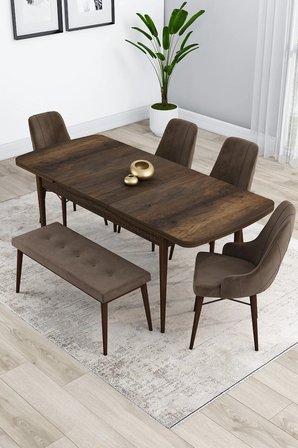 Kar Serisi Barok Ahşap Desen Masa 80x132 Açılabilir Mdf Yemek Masa Takımı 4 Kahve Sandalye 1 Bench