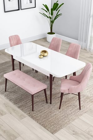 Kar Serisi 80x132 Açılabilir Ceviz Ayaklı Beyaz Mdf Mutfak Masası Takımı 4 Pembe Sandalye 1 Bench