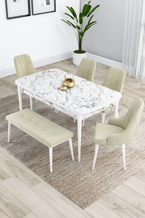 Kar Serisi Beyaz Masa Beyaz Mermer Masa 80x132 Açılabilir Mdf Mutfak Masa Takımı 4 Krem Sandalye