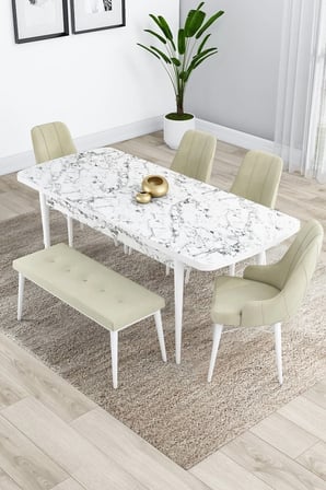 Kar Serisi Beyaz Masa Beyaz Mermer Masa 80x132 Açılabilir Mdf Mutfak Masa Takımı 4 Krem Sandalye