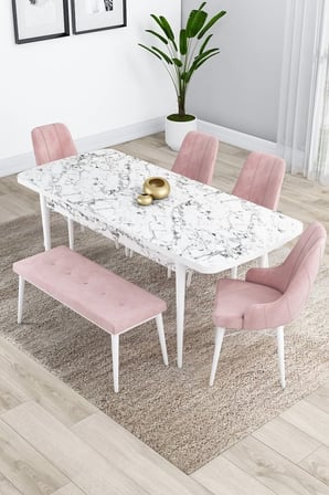 Kar Serisi 80x132 Açılabilir Mdf Beyaz Mermer Desenli Mutfak Masası Takımı 4 Pembe Sandalye 1 Bench